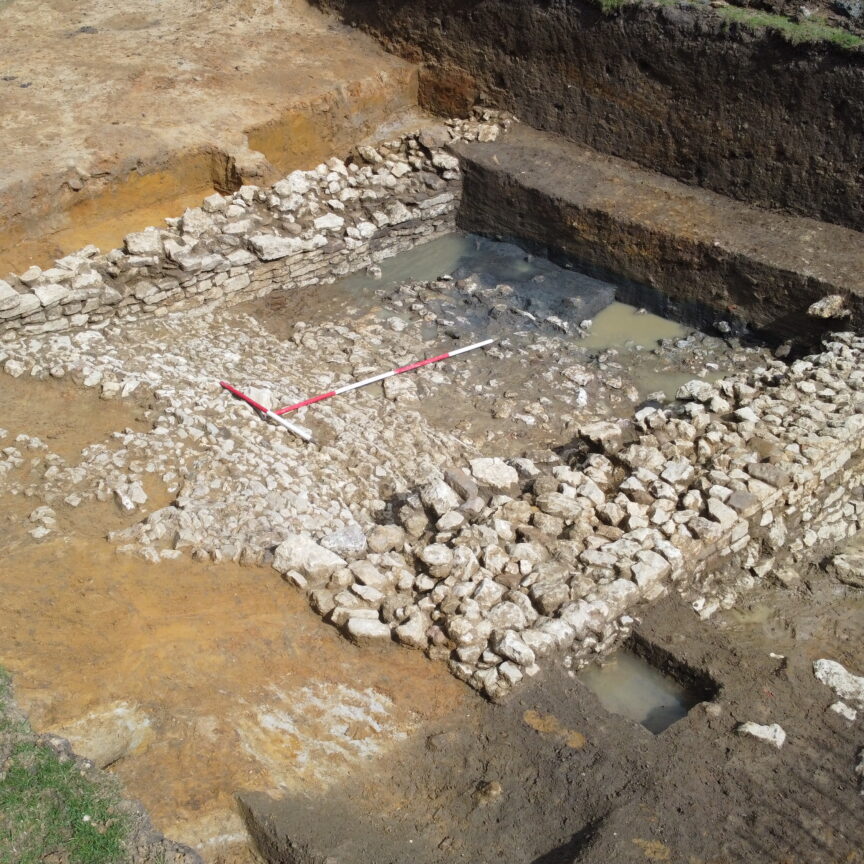 Oblique view of the building uncovered