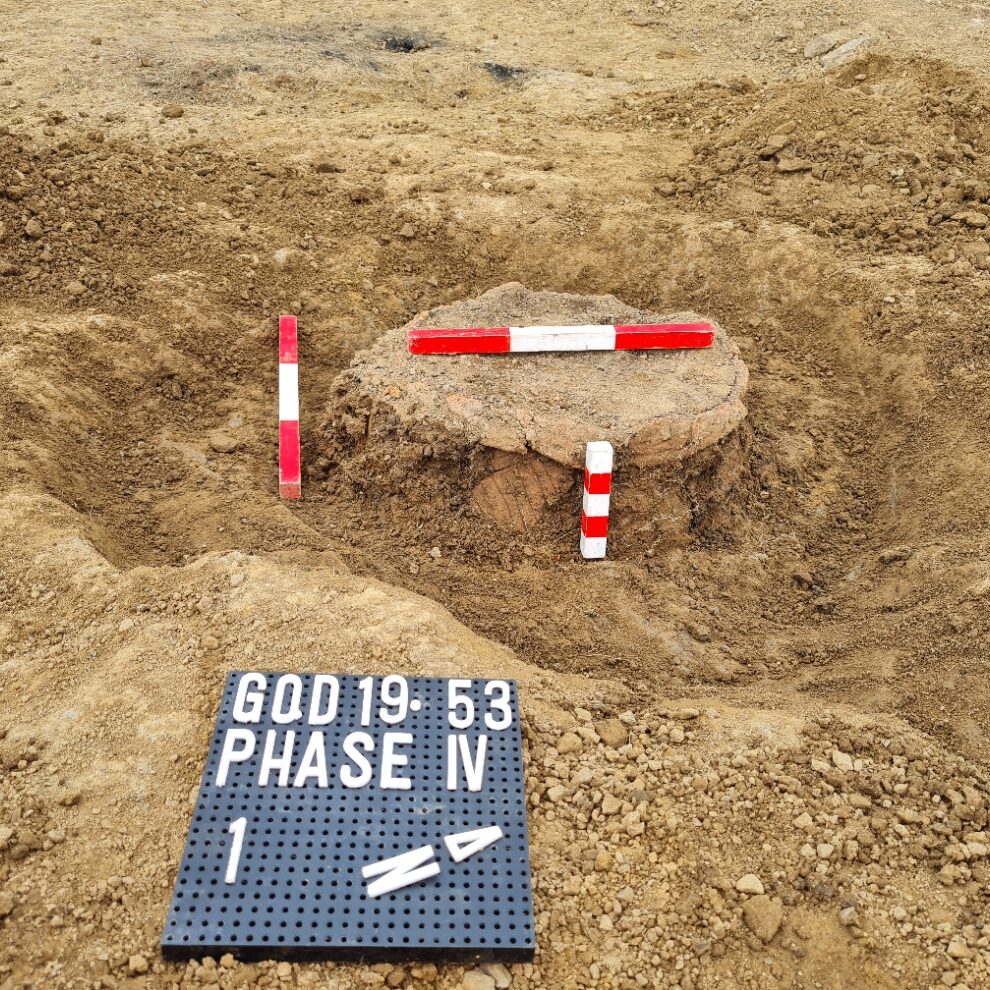 Urn excavated with photo board and three scales